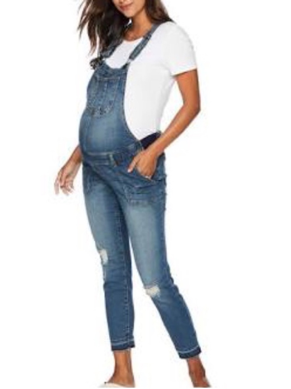 Indigo Blue Overalls Maternity Medium Distressed Blue Denim Stretch Panel Cotton